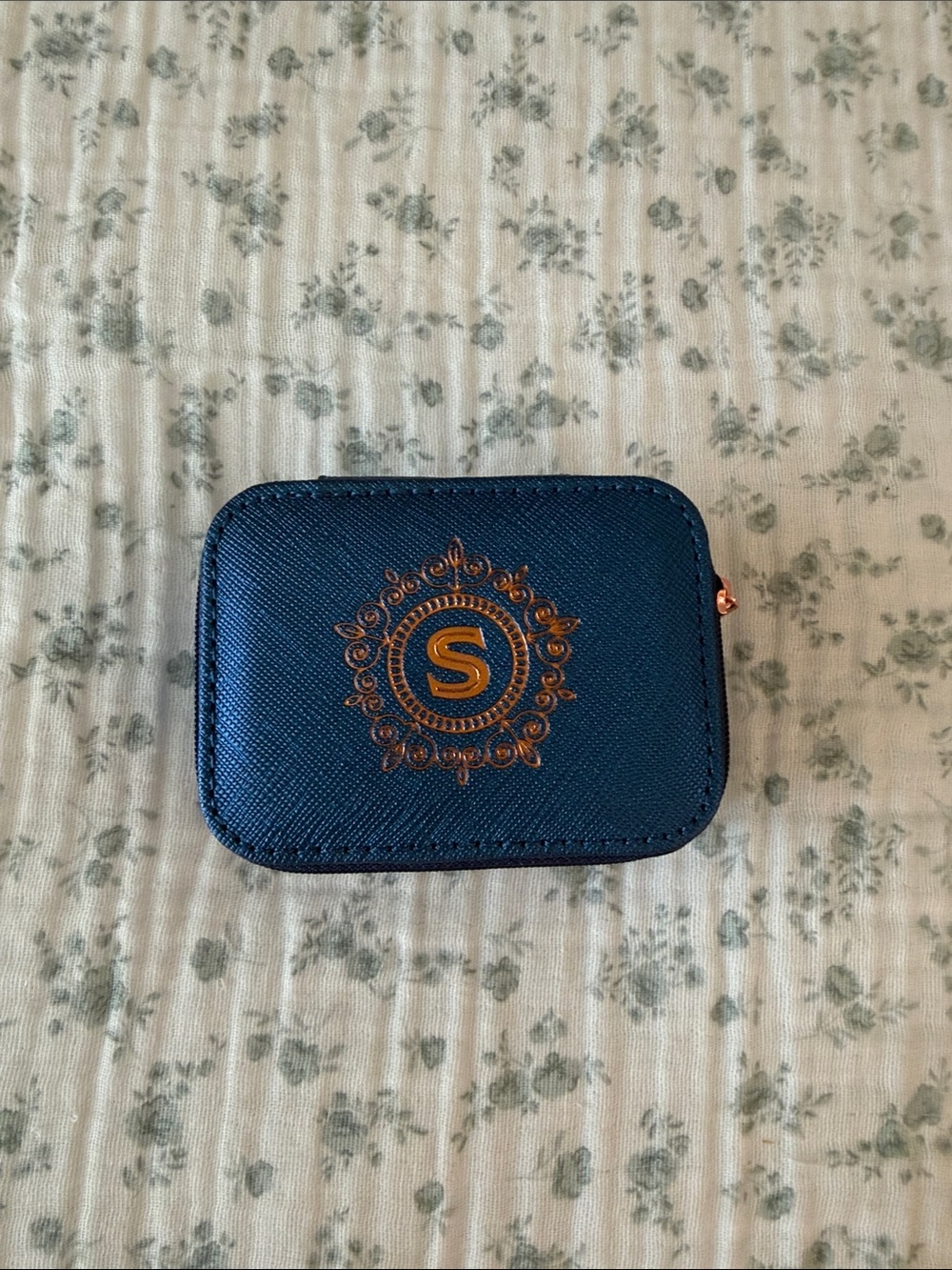 H&H Navy & Rose Gold Travel Jewelry Case with Monogram S